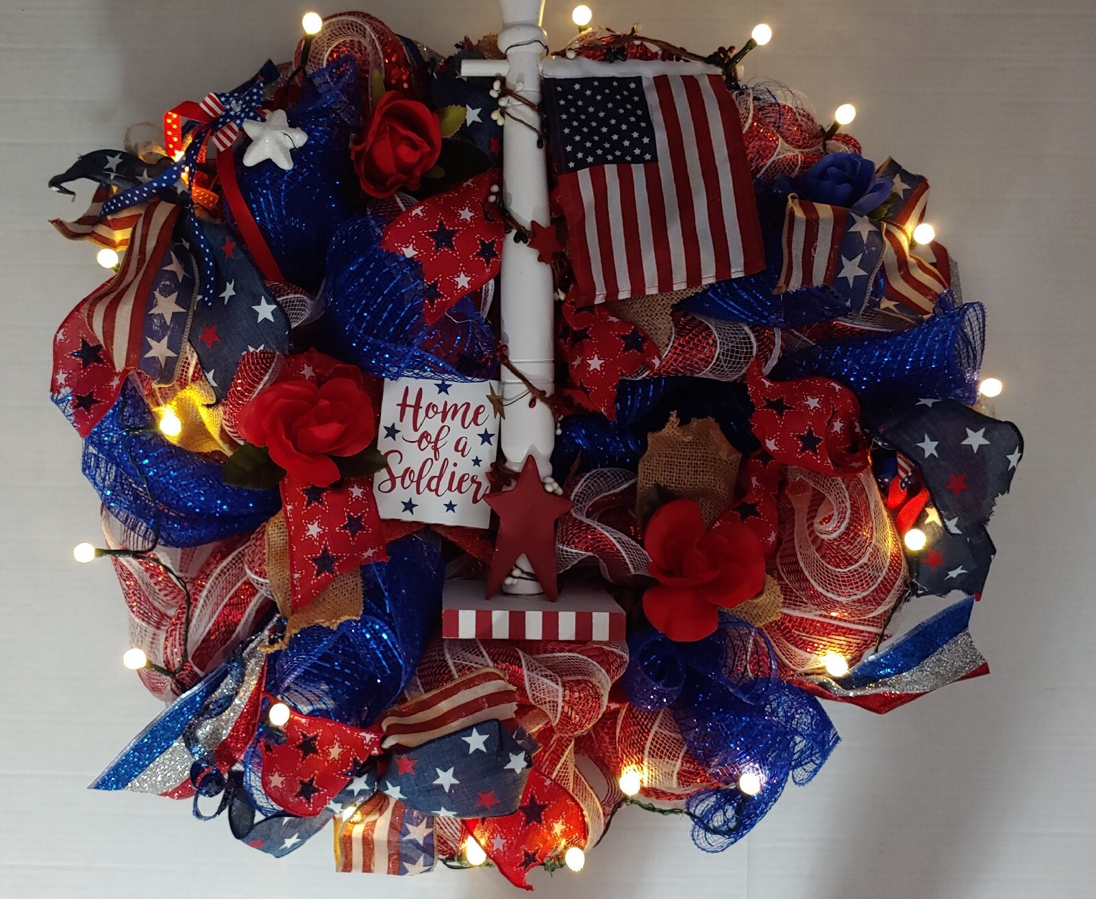 Patriotic Lights Up Red White Stripe Blue Home of A Soldier 24″ Deco Mesh Wreath