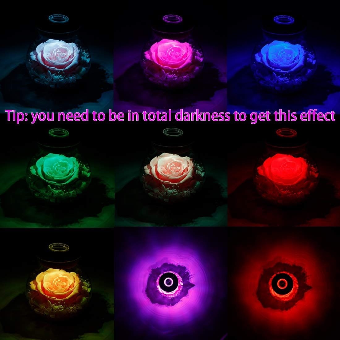 Eternal Pink Preserved Rose in Colorful Mood Light Wishing Bottle – 4.3inch