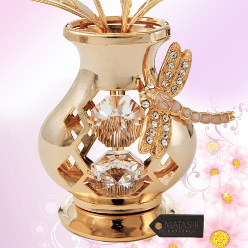 Matashi 24K Gold Plated Flower Vase w/ Crystal Studded Dragonfly Bouquet