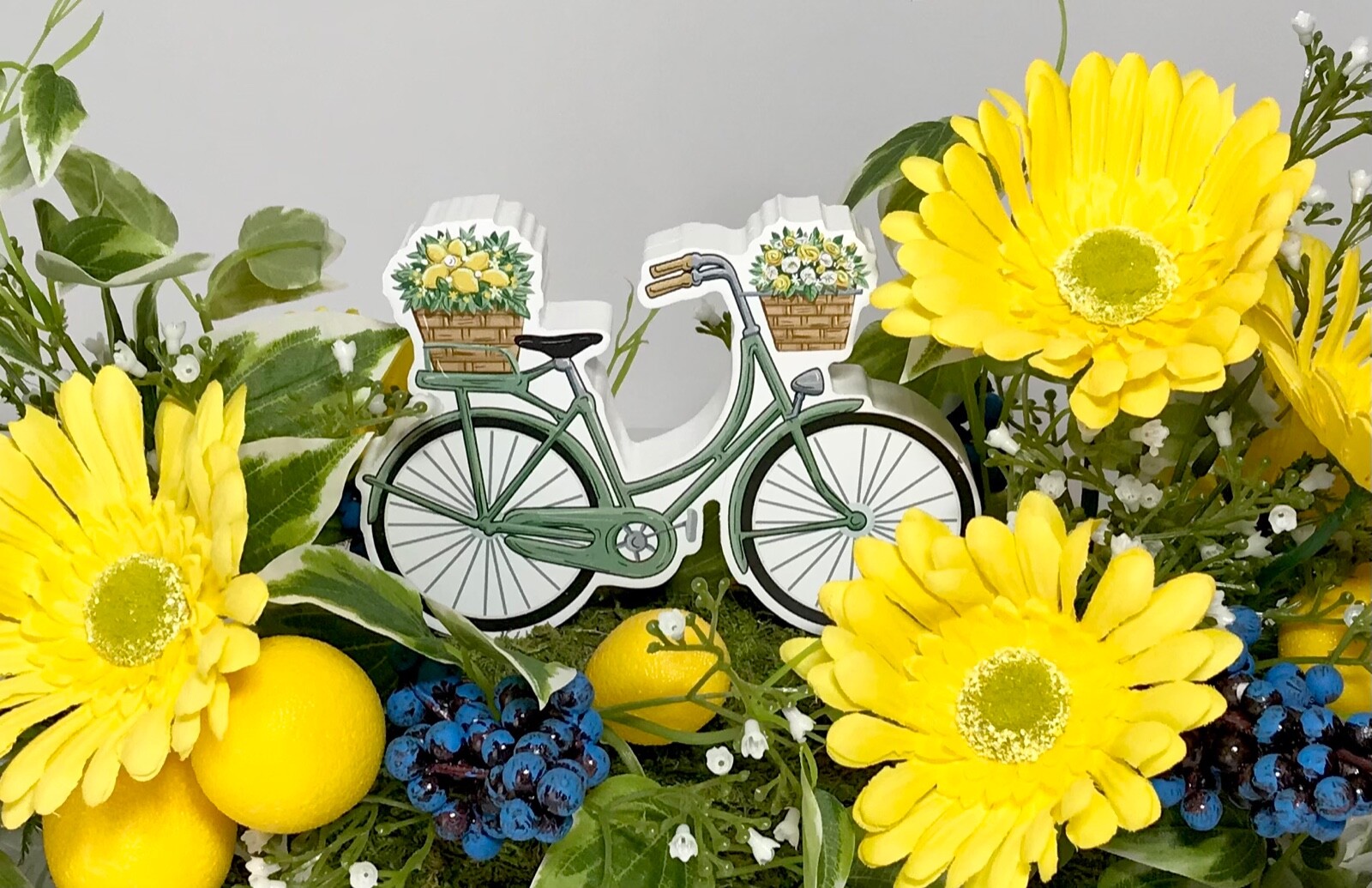 SPRING LEMONS YELLOW FLOWERS BICYCLE SIGN CENTERPIECE ARRANGEMENT DECORATION NEW
