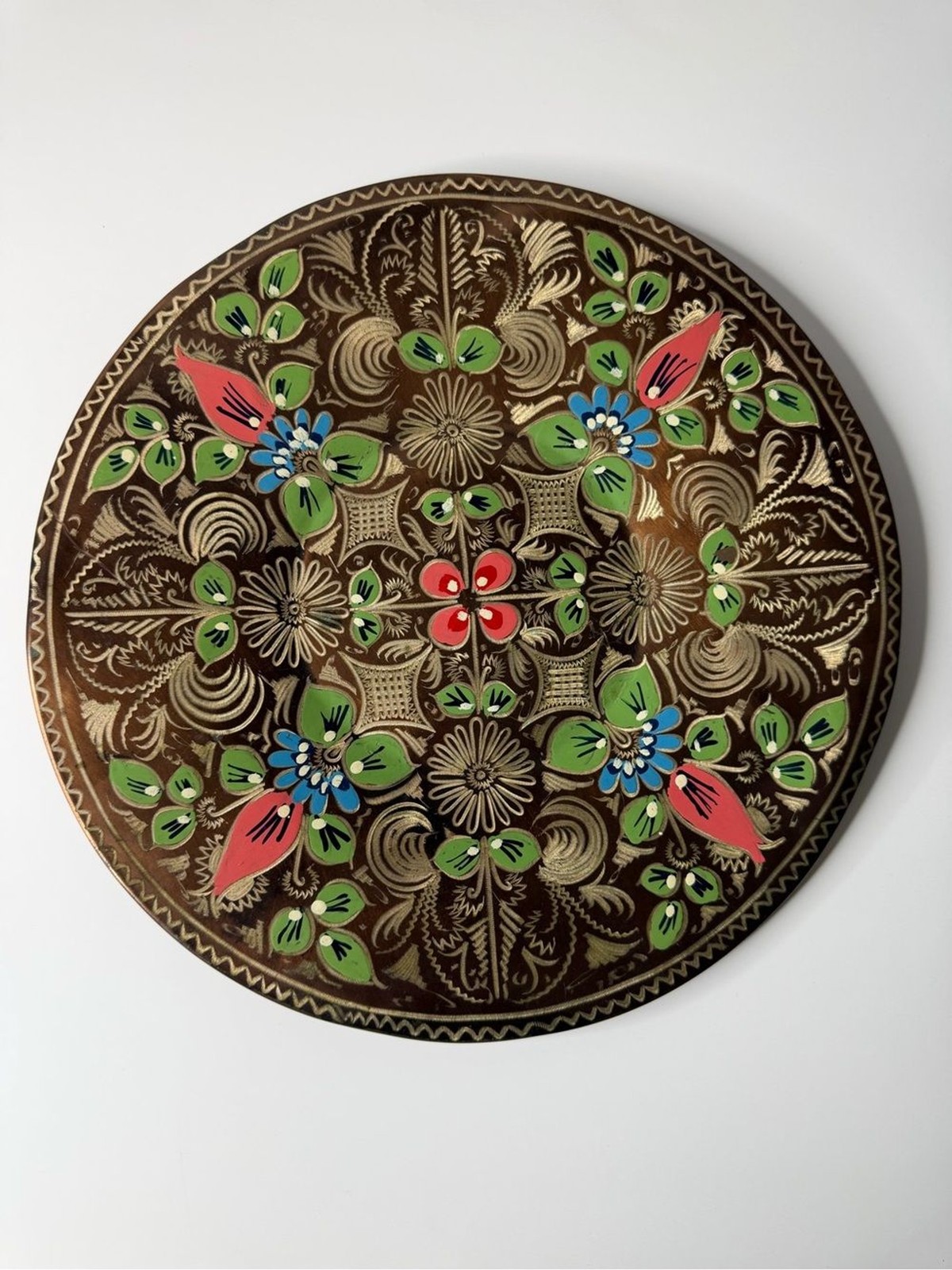 Vintage Turkish Hand Painted Copper Wall Plate 11.5″ Boho Floral Narol Decor