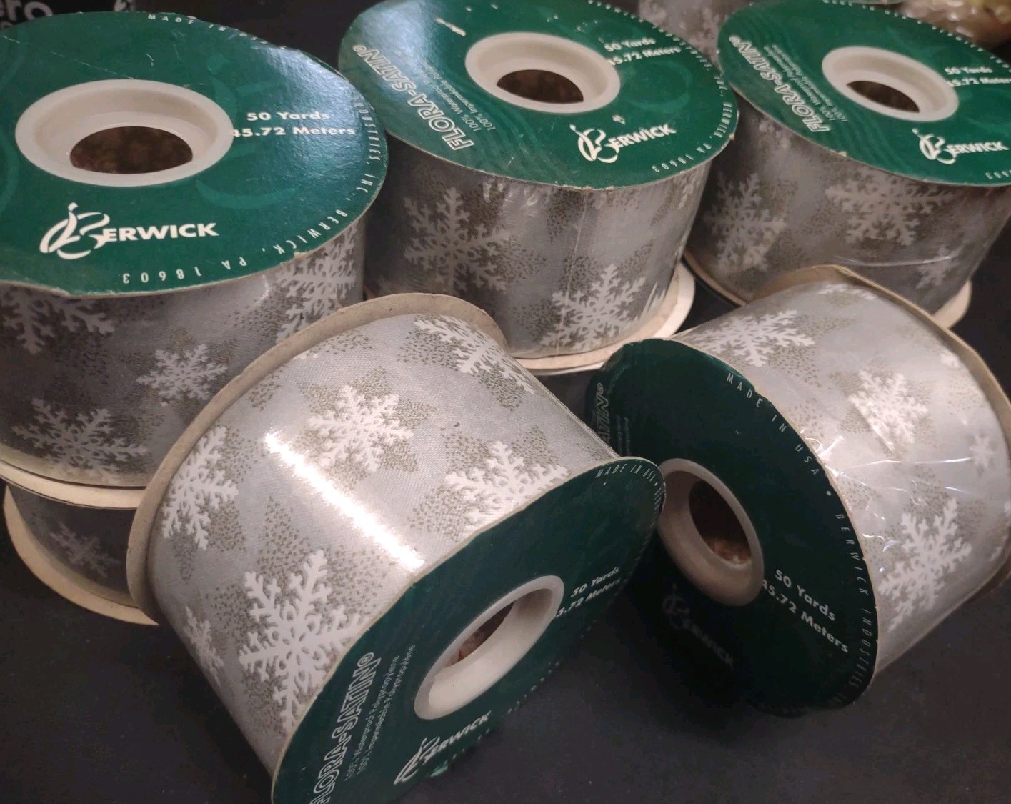 50Yd Flora-Satin Silver Ice Crystal Ribbon, Waterproof 2-3/8″ Snow Flake Frost