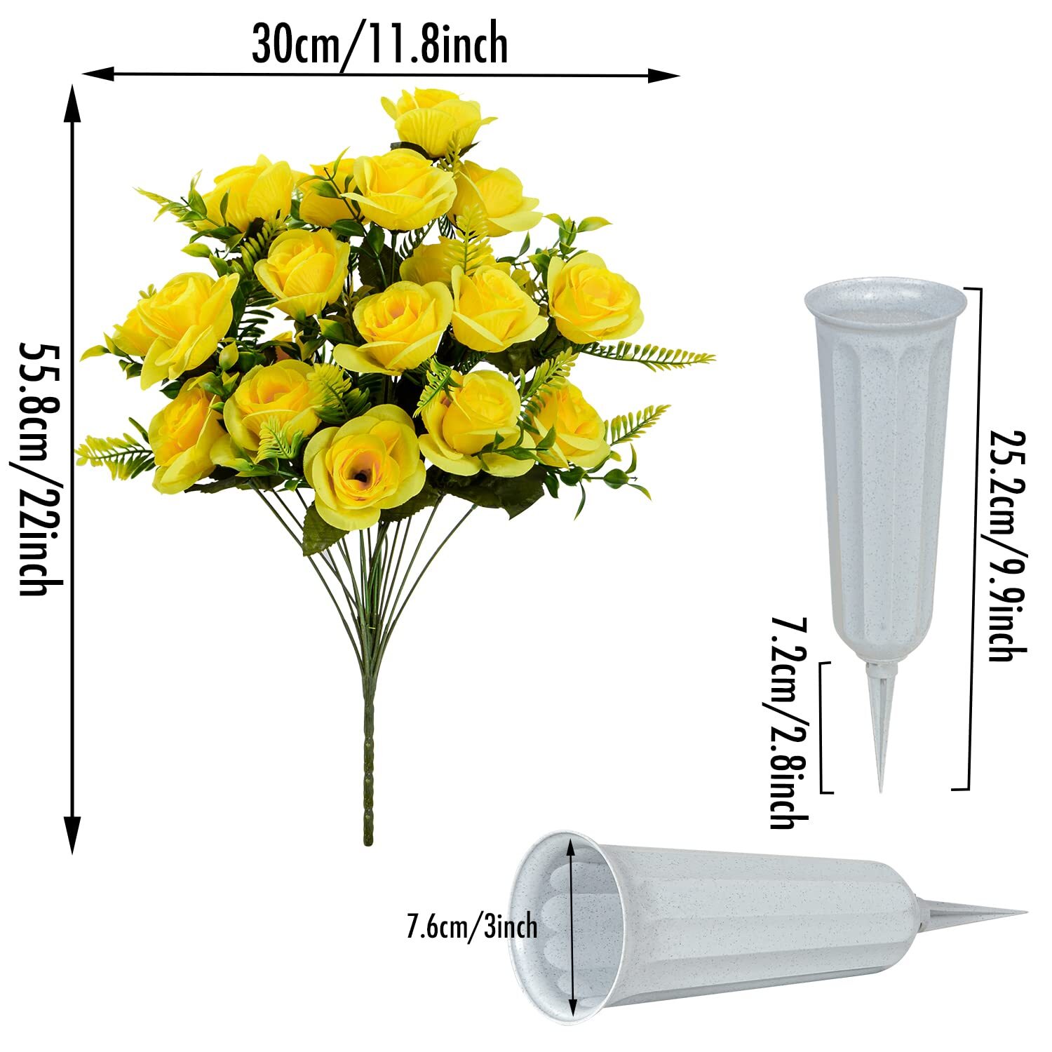 2 Pack Red Artificial Cemetery Flowers with Vase Rose Bouquet Graveside Decor