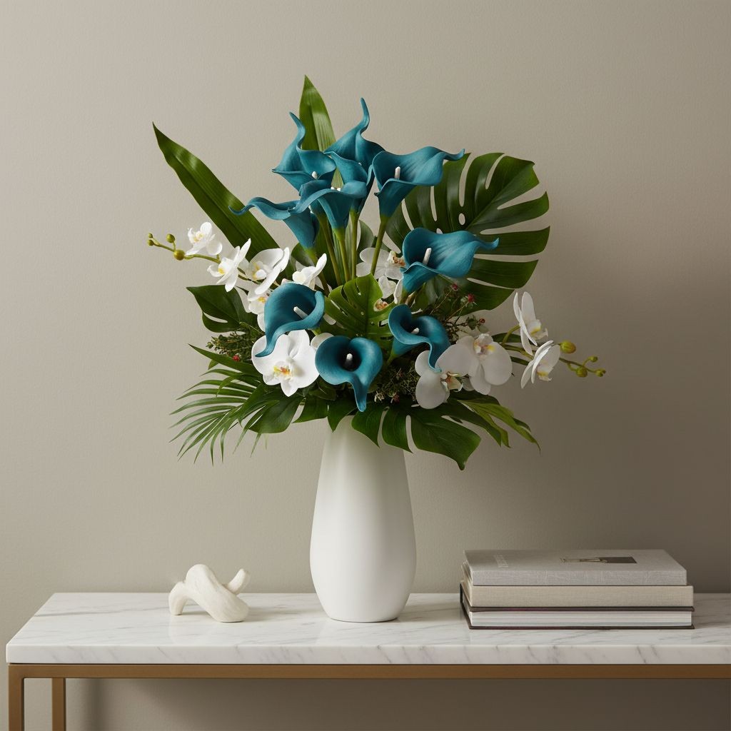 Teal Calla Lily Stems Faux Floral Bouquet Peacock Blue Flowers 5 Stem Bunch Mode