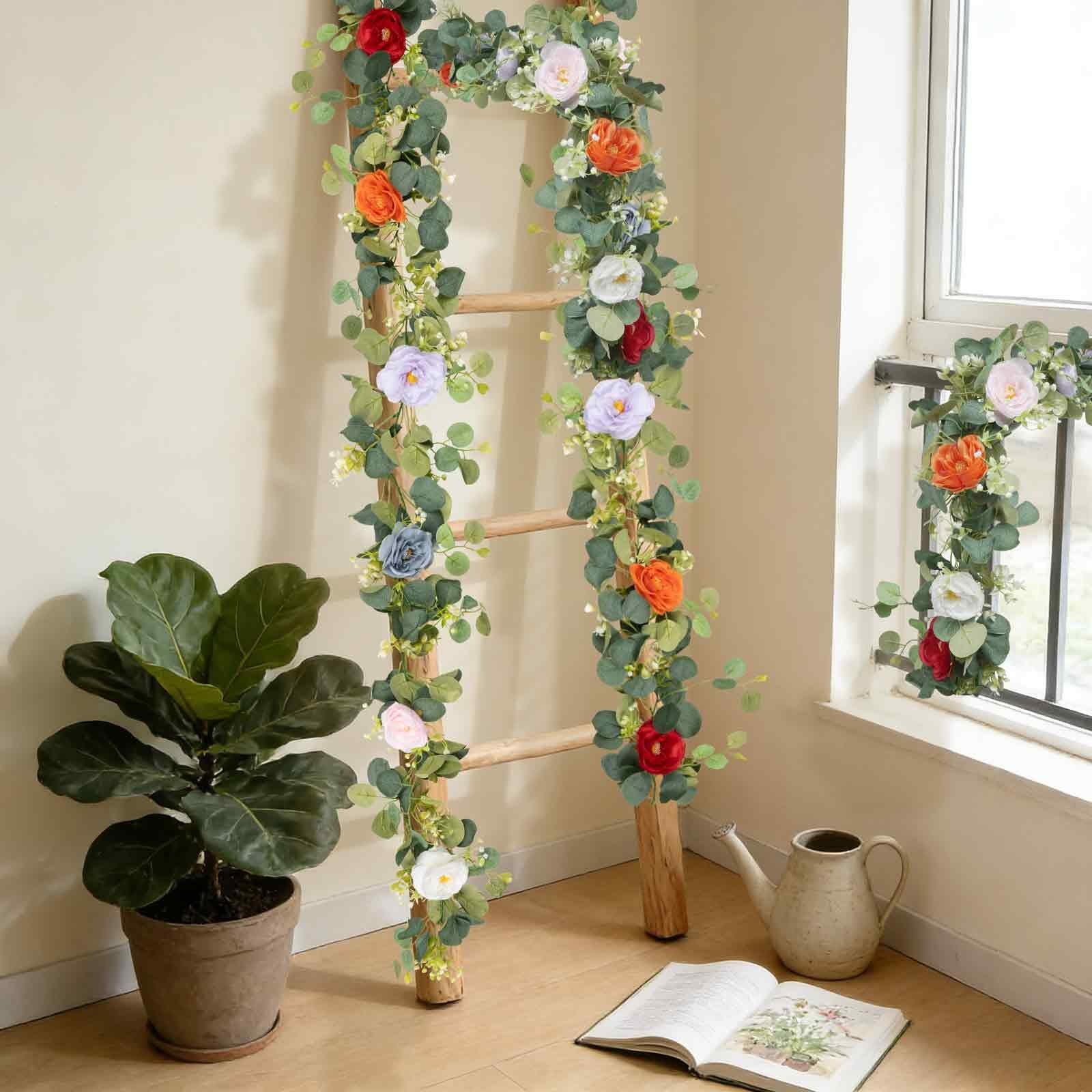 2Pcs(10FT) Artificial Eucalyptus Garlands with Rose Flowers, Faux Floral Gree…