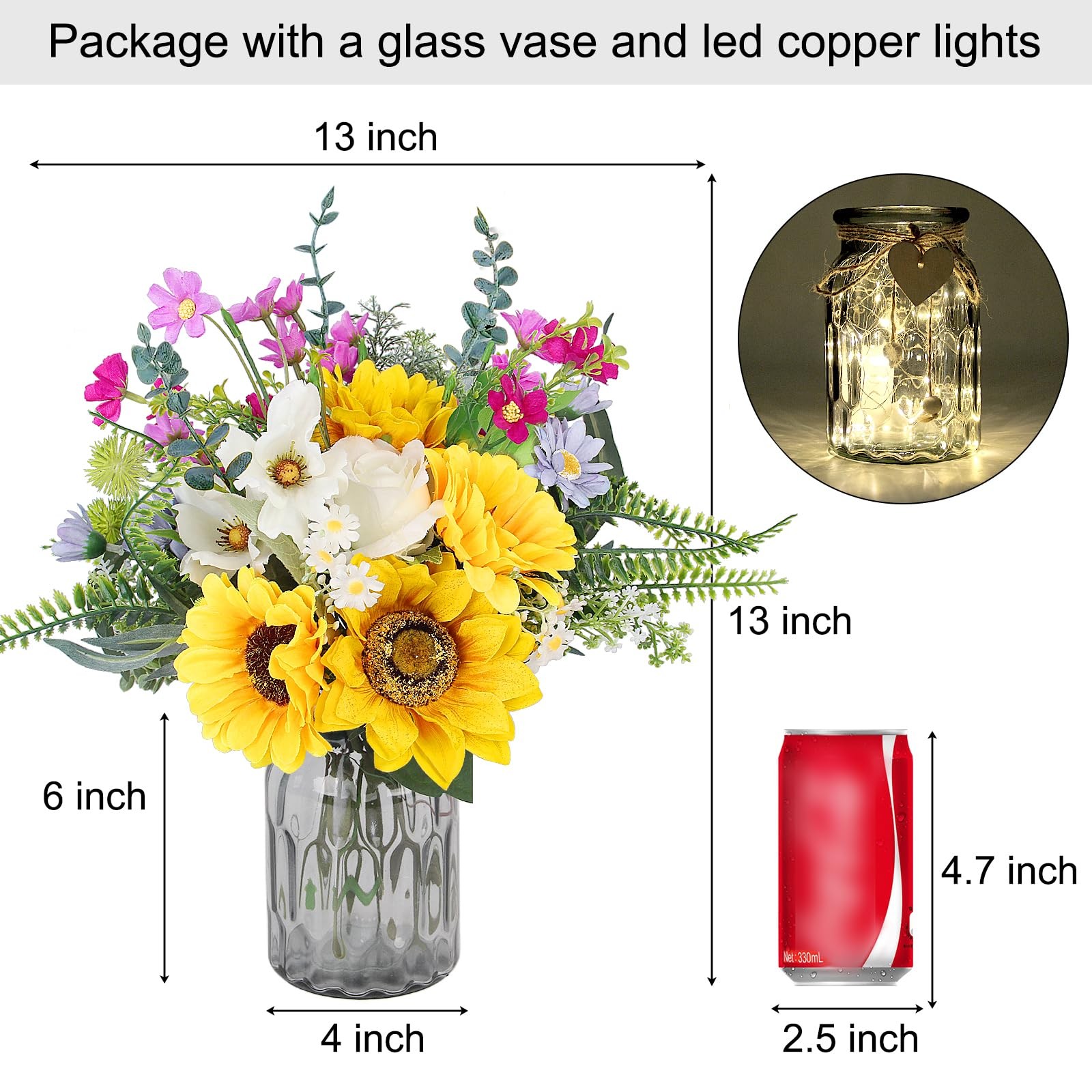 Sunflower Fake Flowers in Vase, Sunflowers Lavender Artificial Flowers with V…