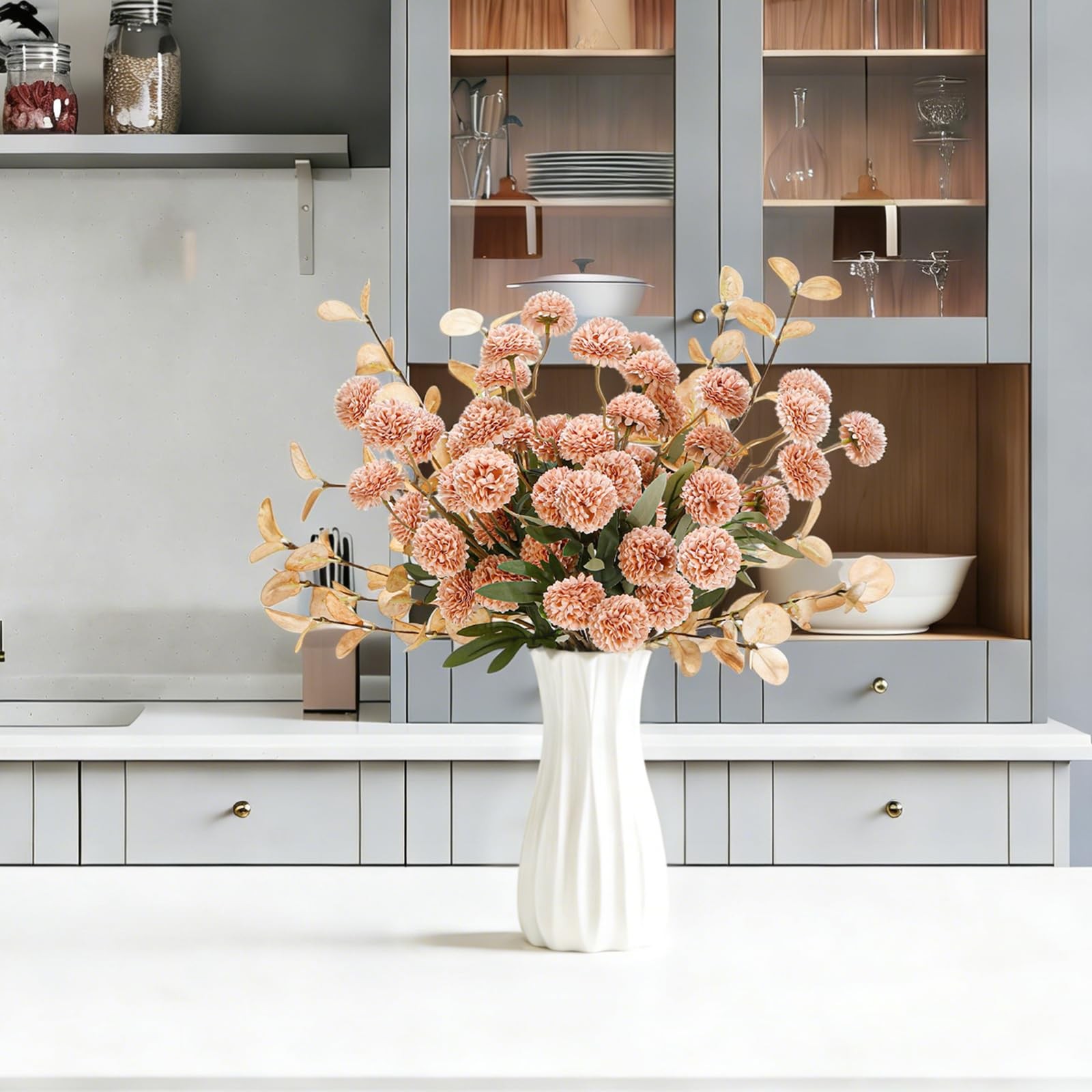 Beige Faux Silk Pompon Mums Artificial Flowers – 12 Pcs Fake Kiku Flowers Bul…
