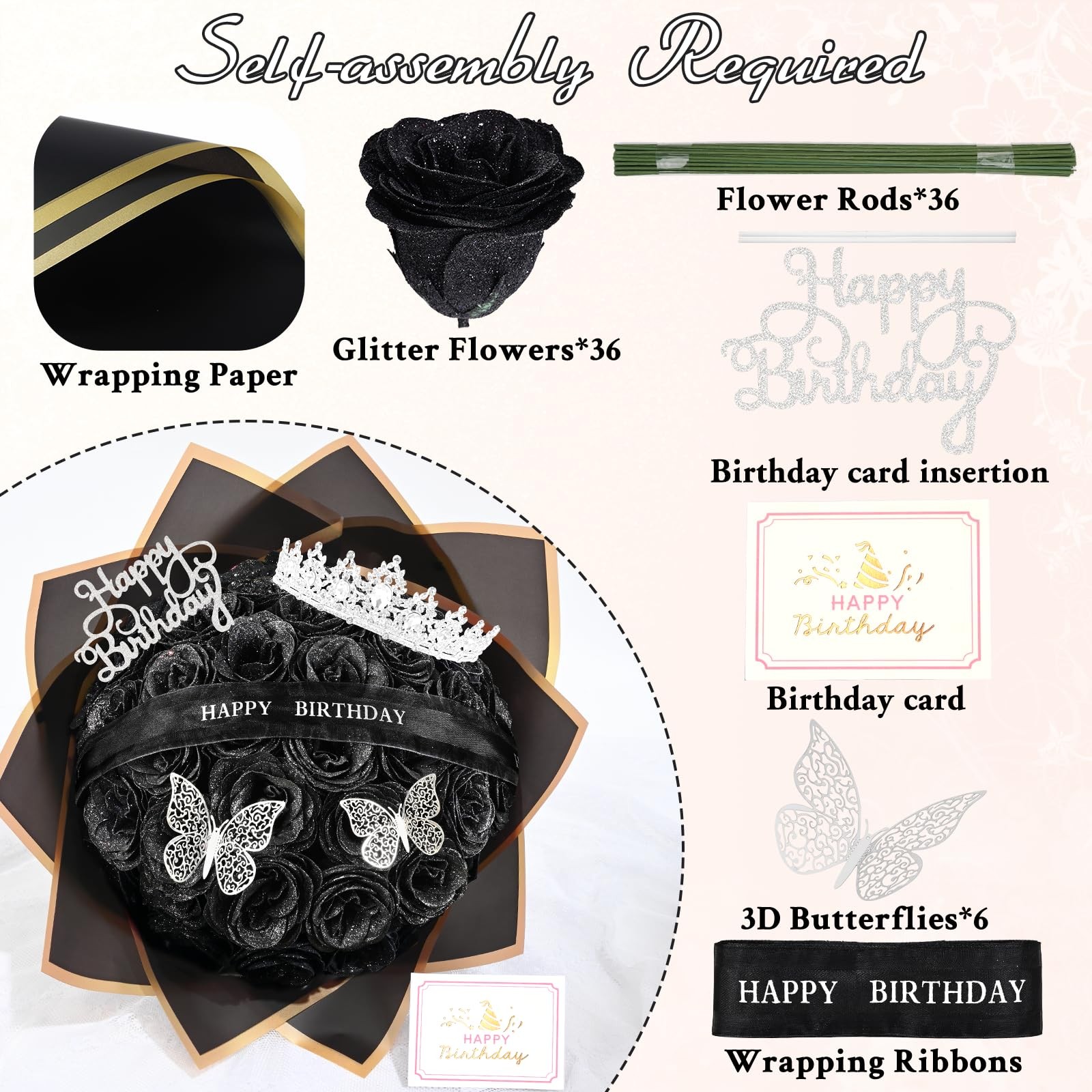 Glitter Roses Bouquet 36 PCS Black Artificial Flowers Birthday Gifts Women Mom