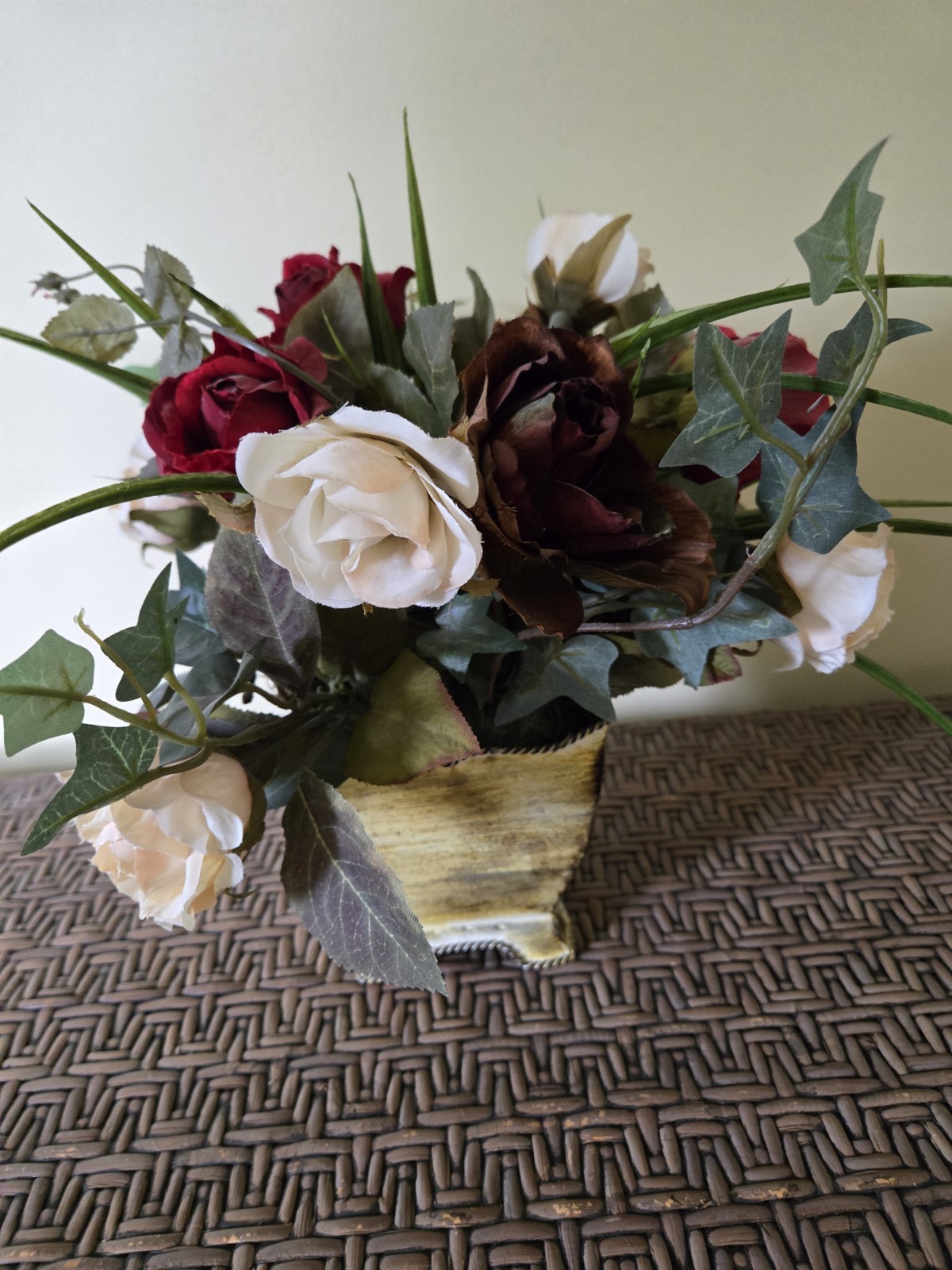 Vintage Rose Floral Arrangement in Footed Metal Pot 12″ Tall Rustic Farmhouse