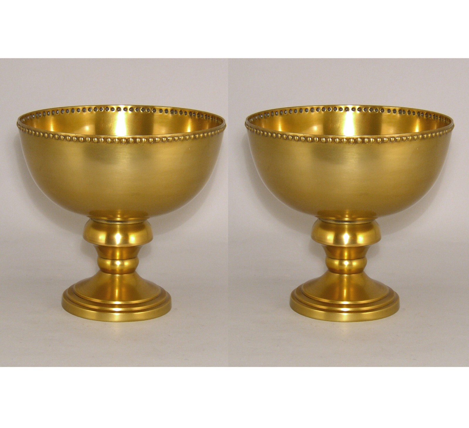 Compote Bowl 8″D 7.75″Hi Set/2 Gold Finish Aluminum Bead Border FREE SHIPPING