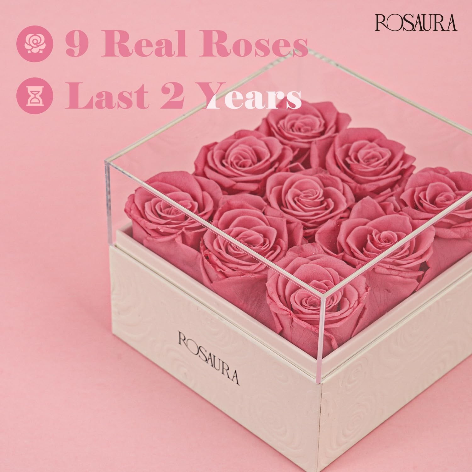 Square Preserved Roses Gift Box – Real Forever Flowers in Clear Acrylic Lid V…