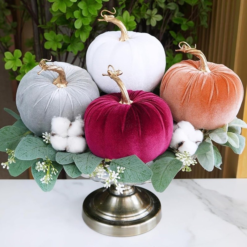 Decorative Faux Velvet Pumpkins Fall Home Decor Wedding Centerpieces 4pcs New
