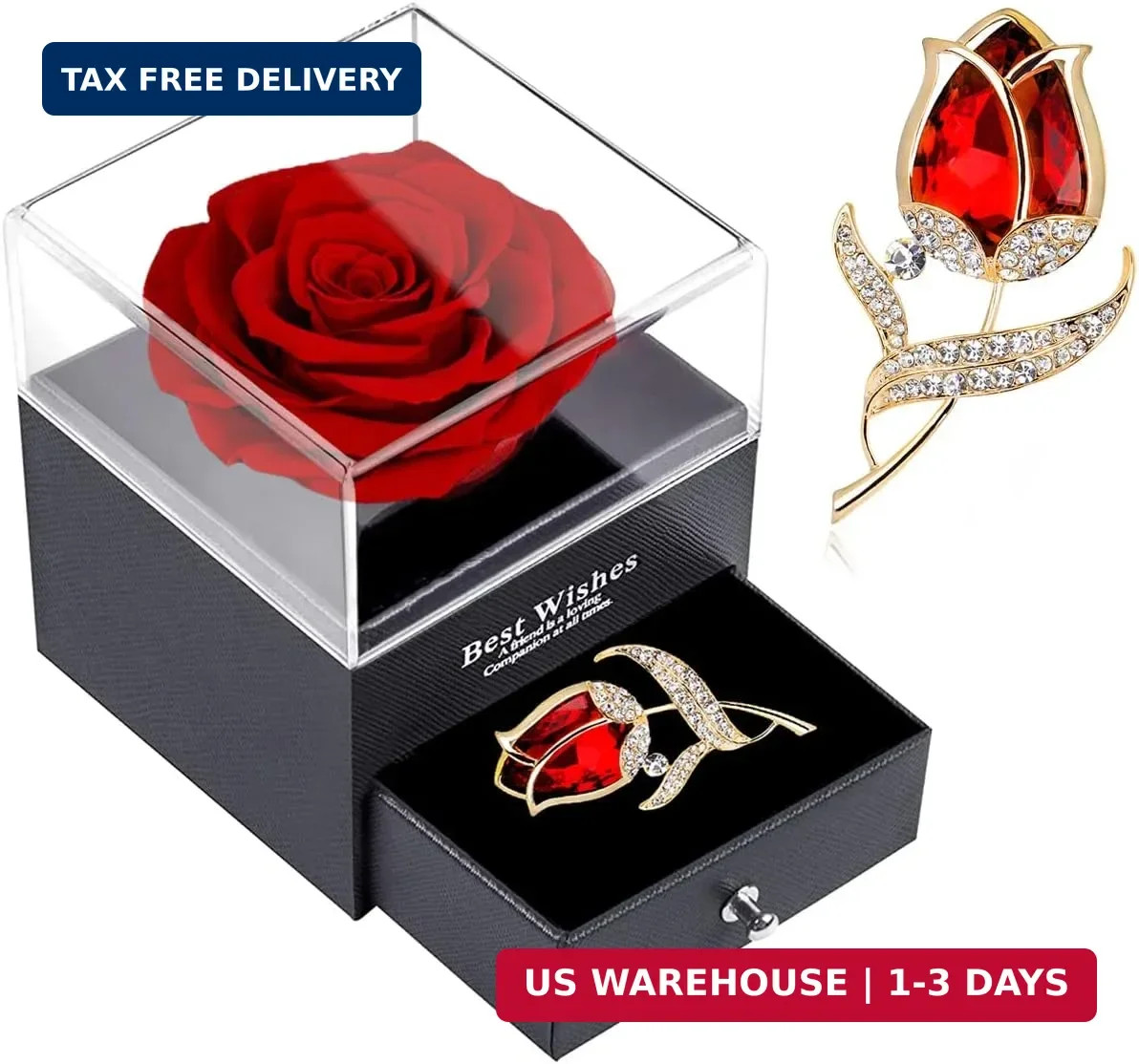 SWEETIME Preserved Red Rose Gift Box- Enchanted Real Roses with Ruby Brooch, Ete