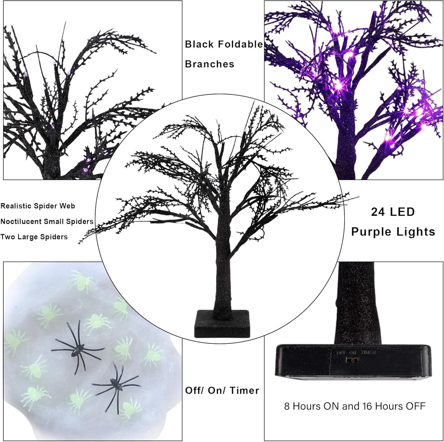 2 Pcs Halloween Black Spooky Tree with 24 LED Purple Lights, Spider Web and 1…