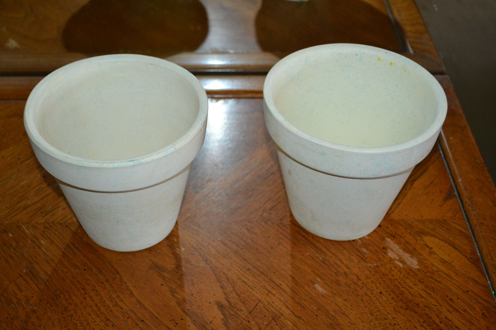 A pair of painted 5 1/4″ terracotta indoor plant pots.