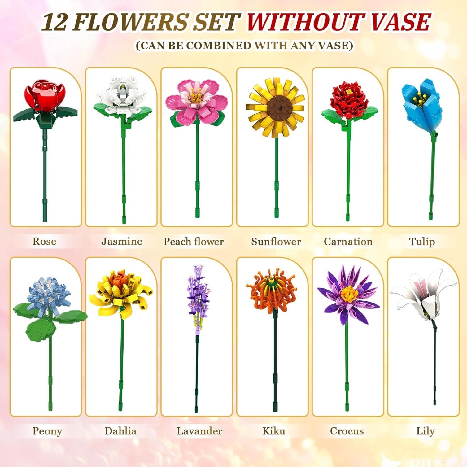 12 Kinds of Flowers Bouquet Building Set,Gifts Ideal for 6+ Women Girls, No Vase