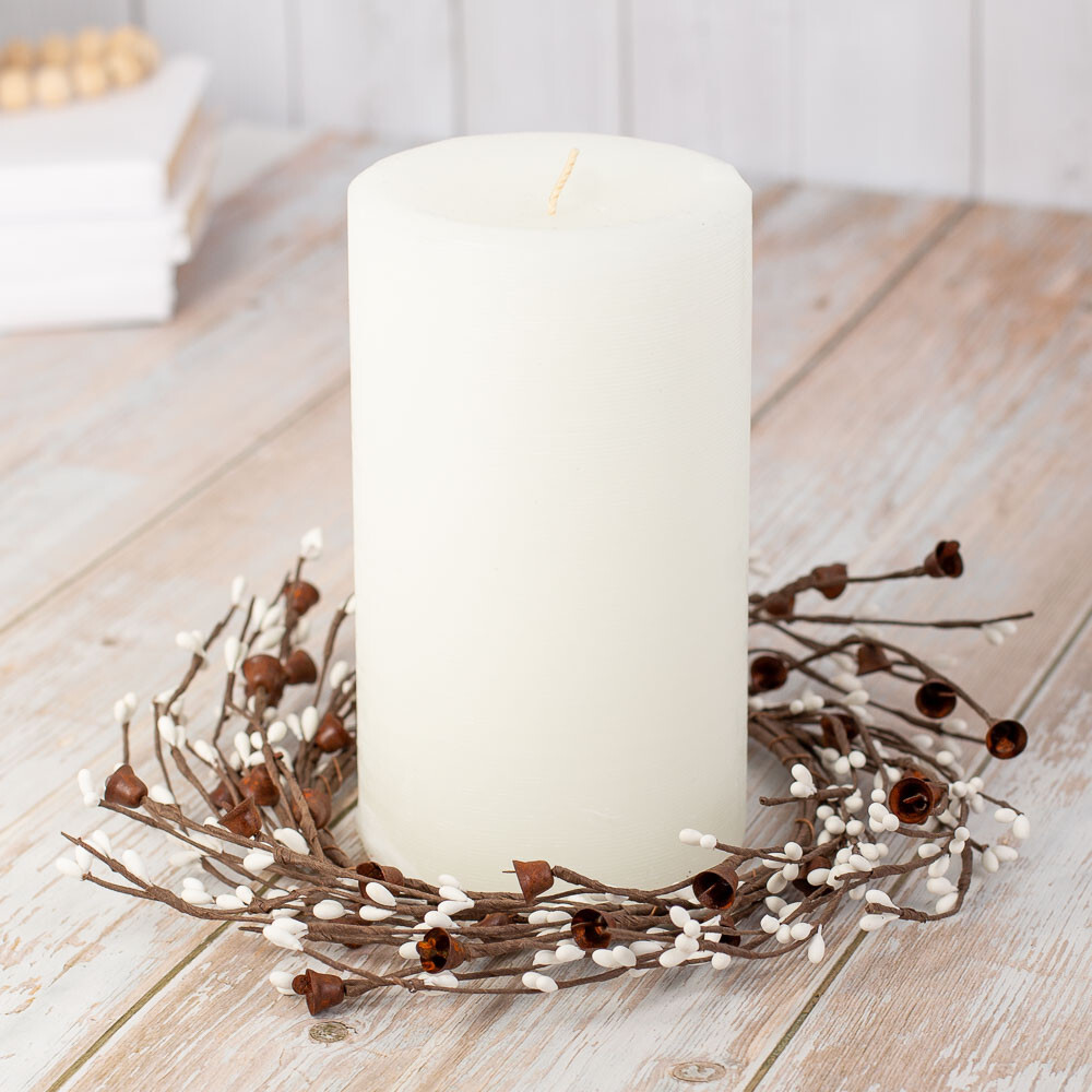 Group of 4 White Pip Berry and Primitive Rusty Liberty Bell 9″ Candle Rings