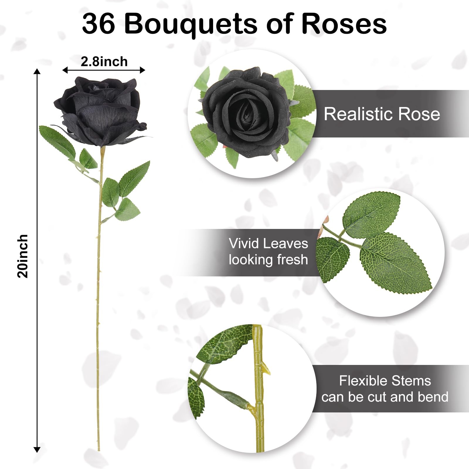 Black Artificial Flowers Fake Roses Bulk – 36 Pcs Velvet Silk Flowers Rose Bo…