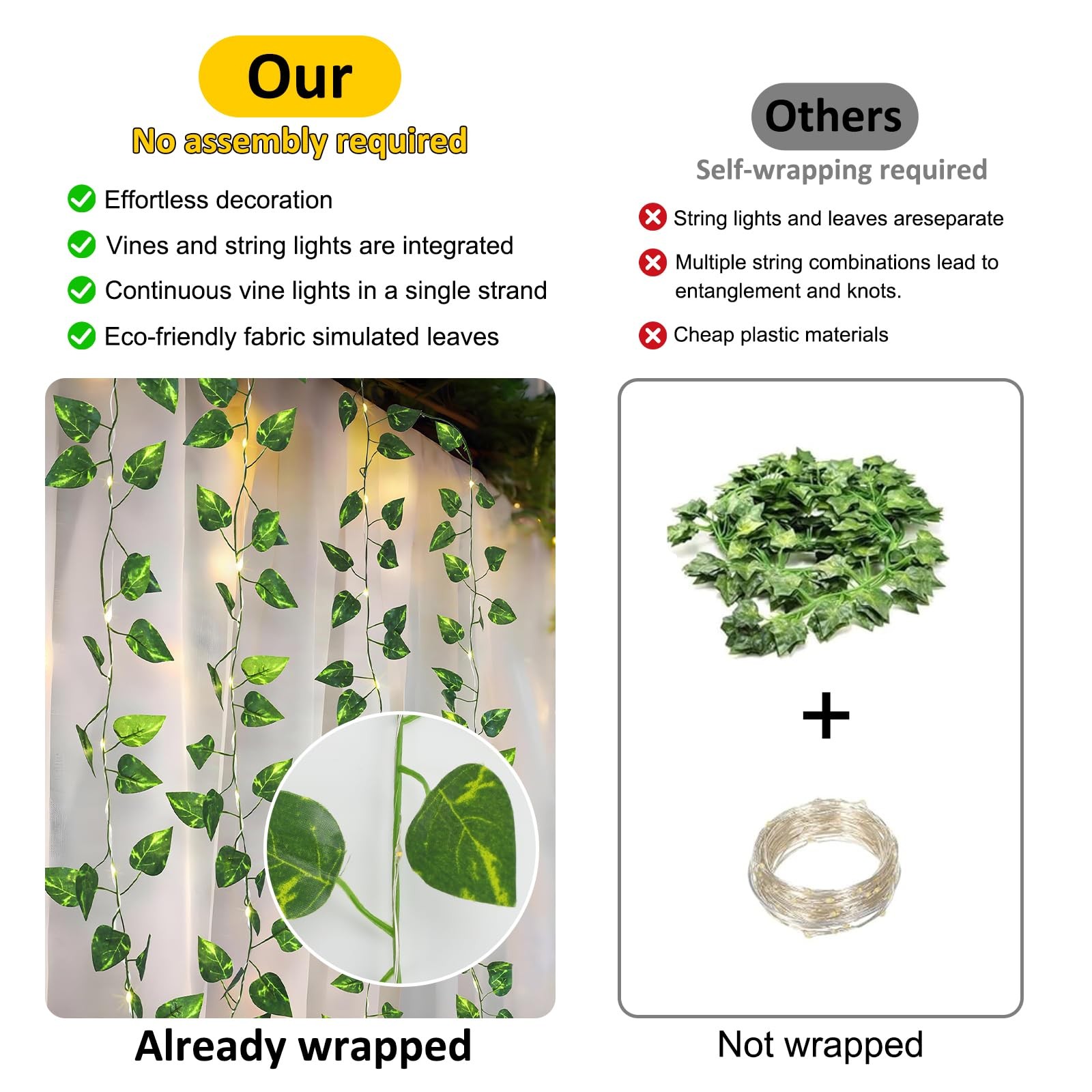 Vine Fairy Lights Battery Operated 100 LED Pothos Leaf Remote 33Ft Warm White