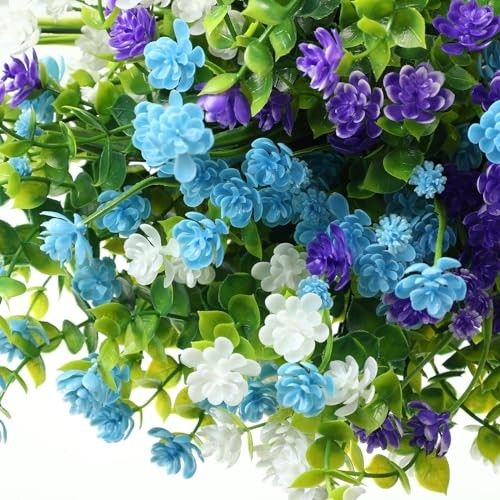 12 Bundles Artificial Flowers Outdoor, UV Resistant Faux Blue, Purple, White
