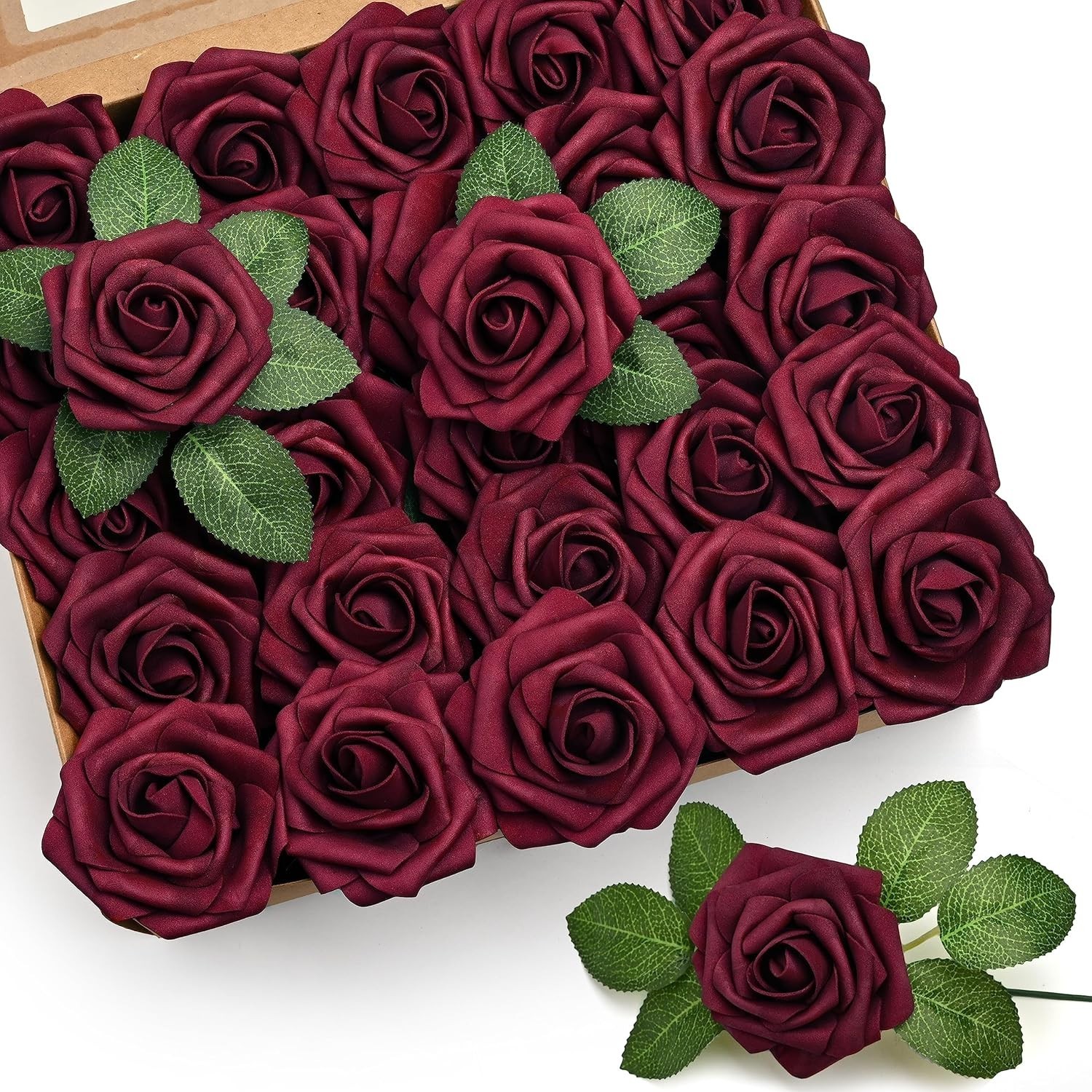 50Pcs Burgundy Roses Artificial Flowers, Burgundy Fake Rose for Decoration, R…