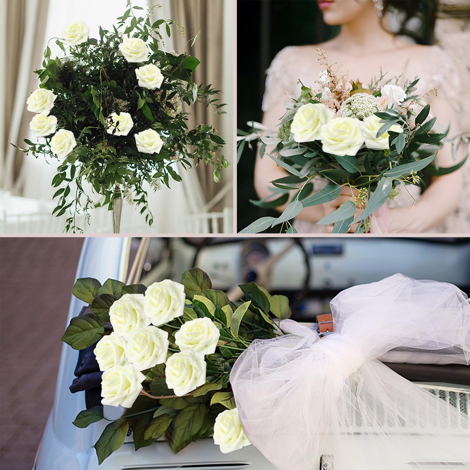 100PCS Ivory Realistic Roses – Artificial Latex Foam Flowers with Bendable St…