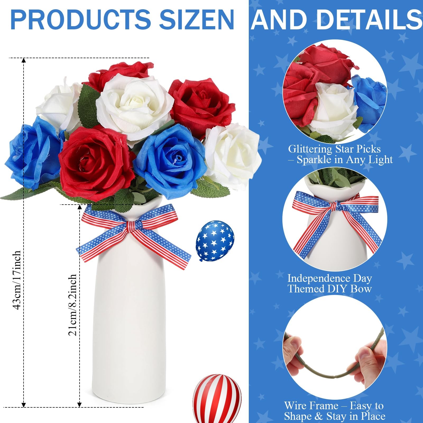 4th of July Decorations 2 Sets Artificial Flowers and Vase Red Blue White Pat…