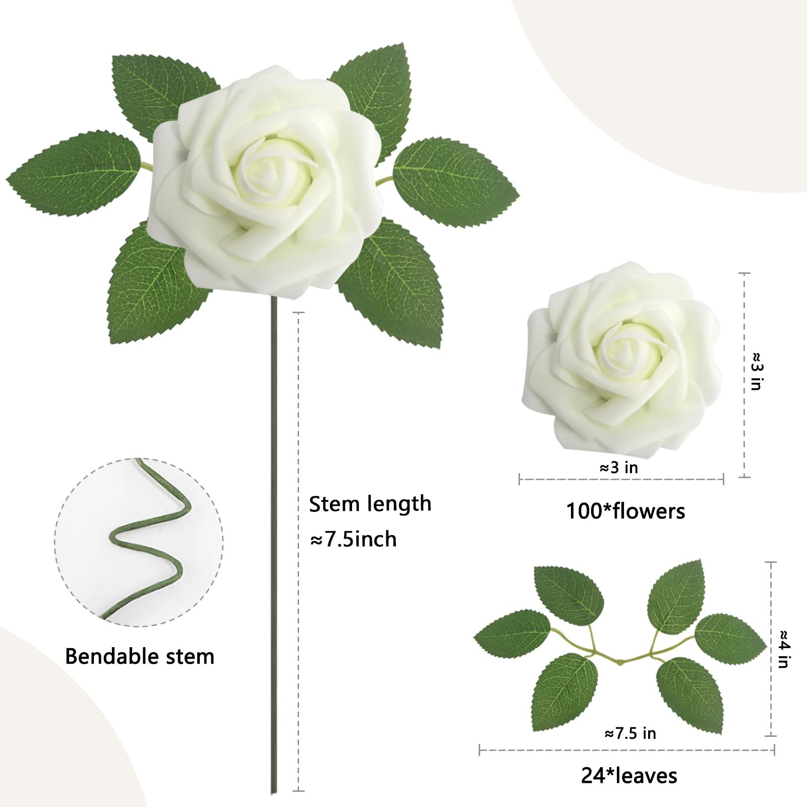 100PCS Ivory Realistic Roses – Artificial Latex Foam Flowers with Bendable St…