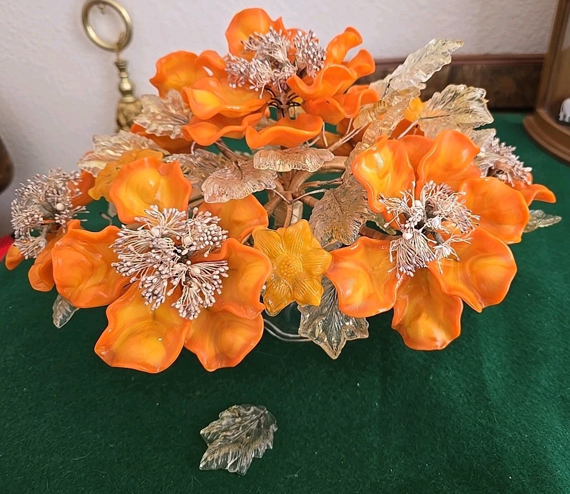 Art Glass Orange Flower Arrangement Peony Bonsai Tree Centerpiece Murano? Italy