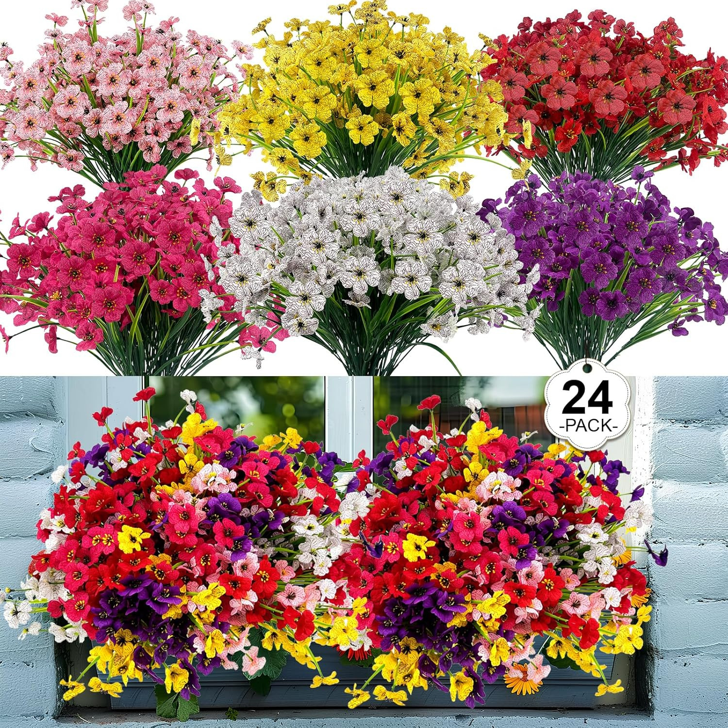 24PCS 6 Colors UV Resistant Faux Artificial Flowers Fake Plants Grave Decor