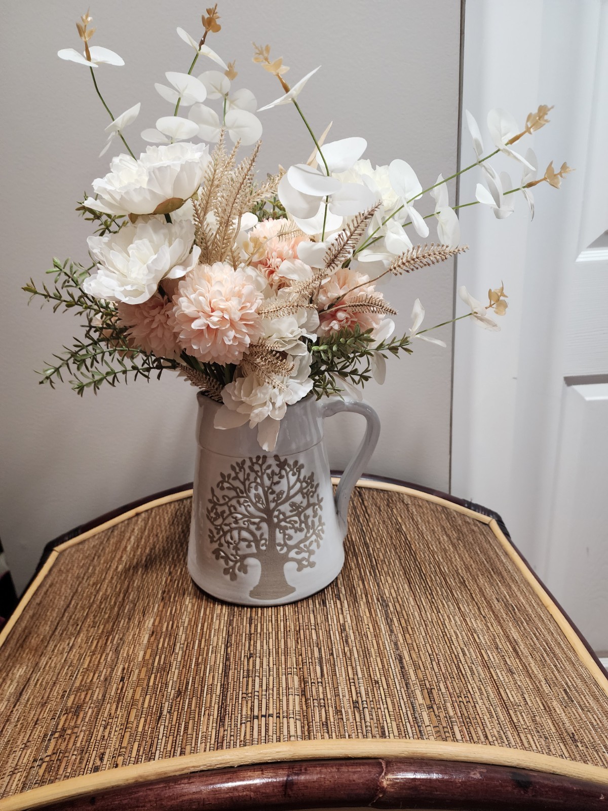 Gorgeoue Handmade Flower Arrangement in Ceramic Vase Pitcher Peach And White