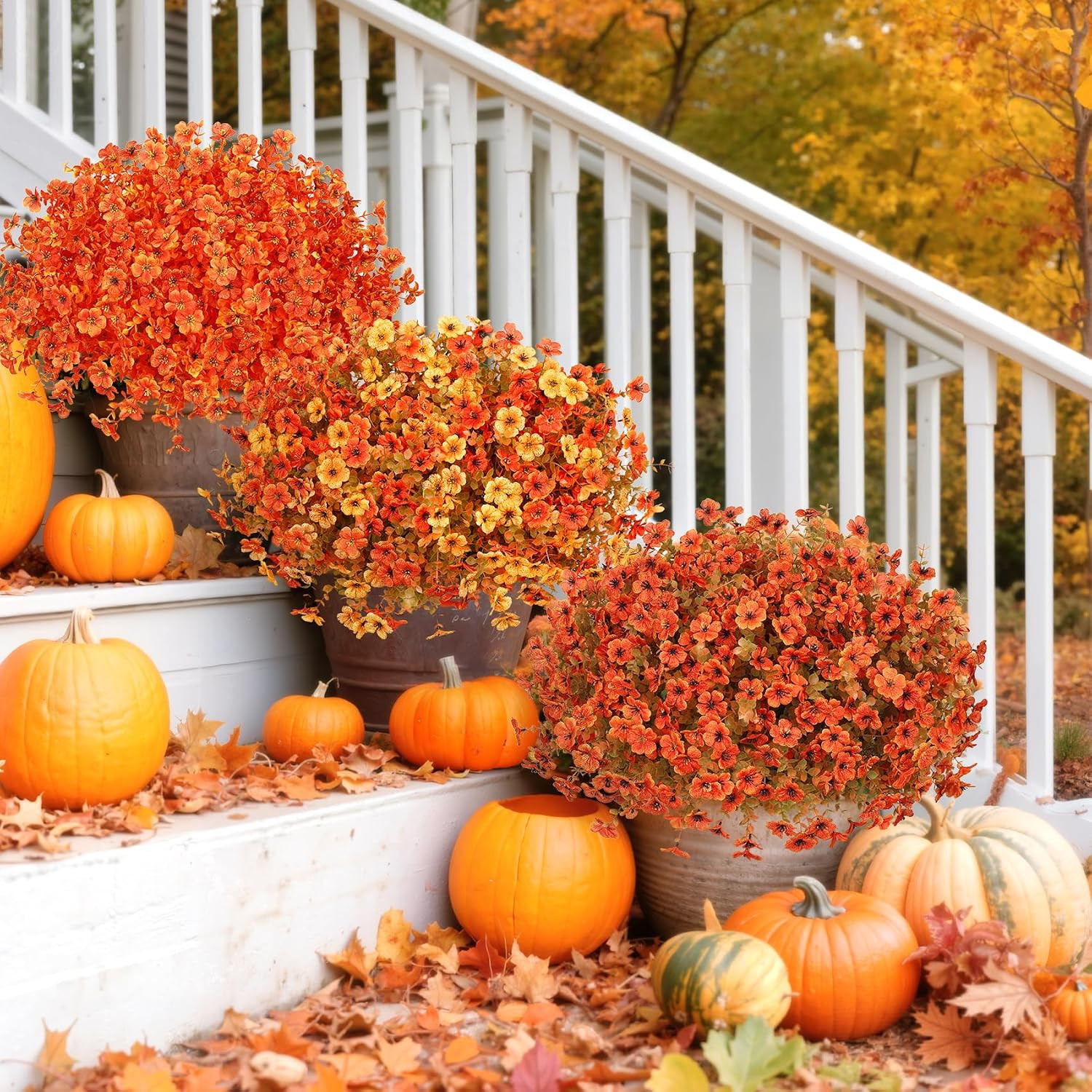 24 Pcs Artificial Fall Flowers, Fake Mums Outdoors, Fall Orange | Lifelike Faux