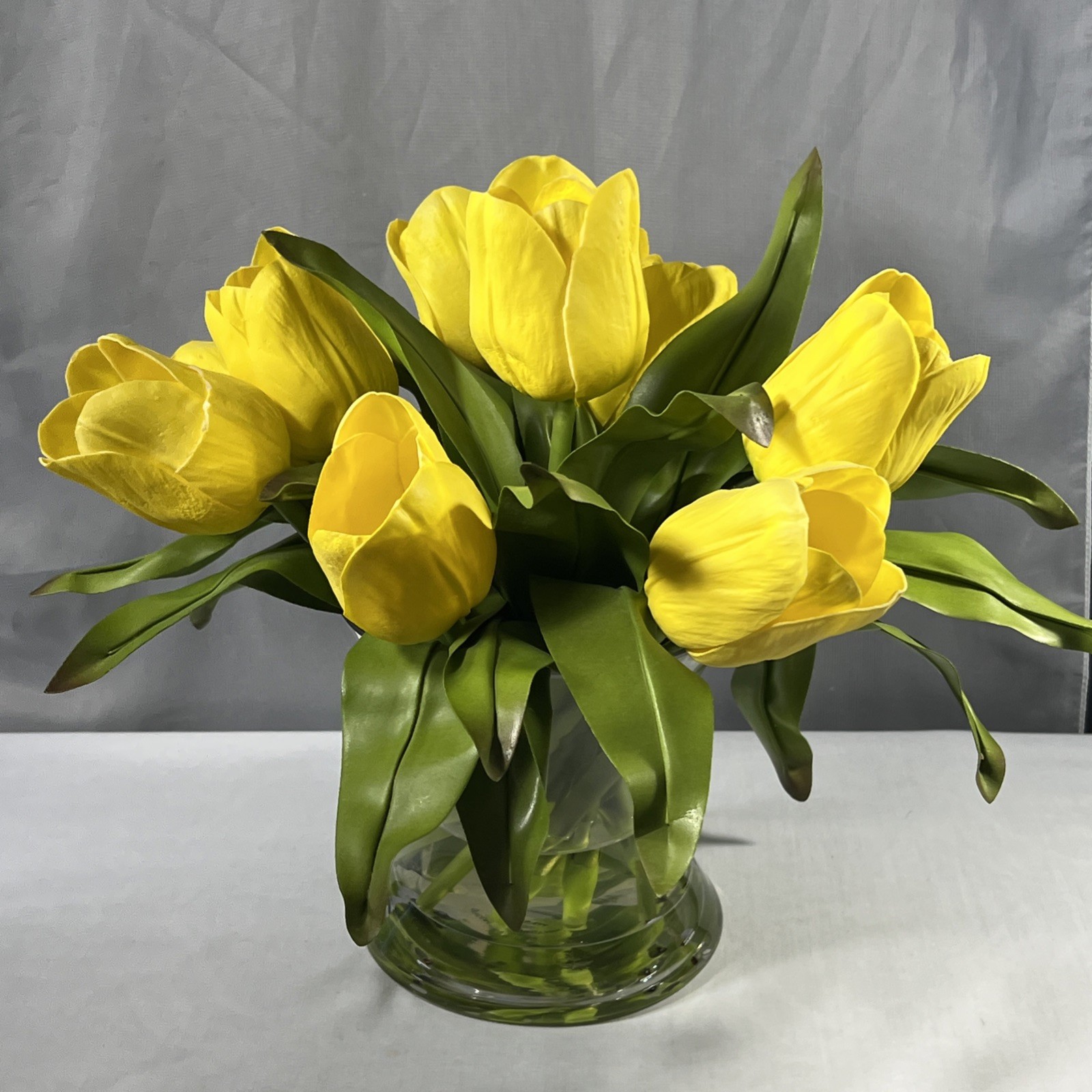 9 Yellow Silk Tulips Centerpiece Feel Real Flowers in Glass Vase w/ Faux Water