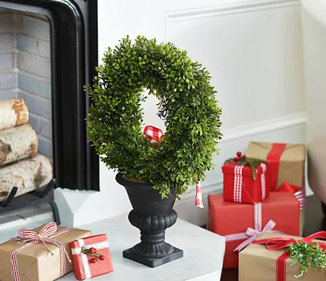 21″ Boxwood Wreath in Urn with Ribbon by Valerie H231923