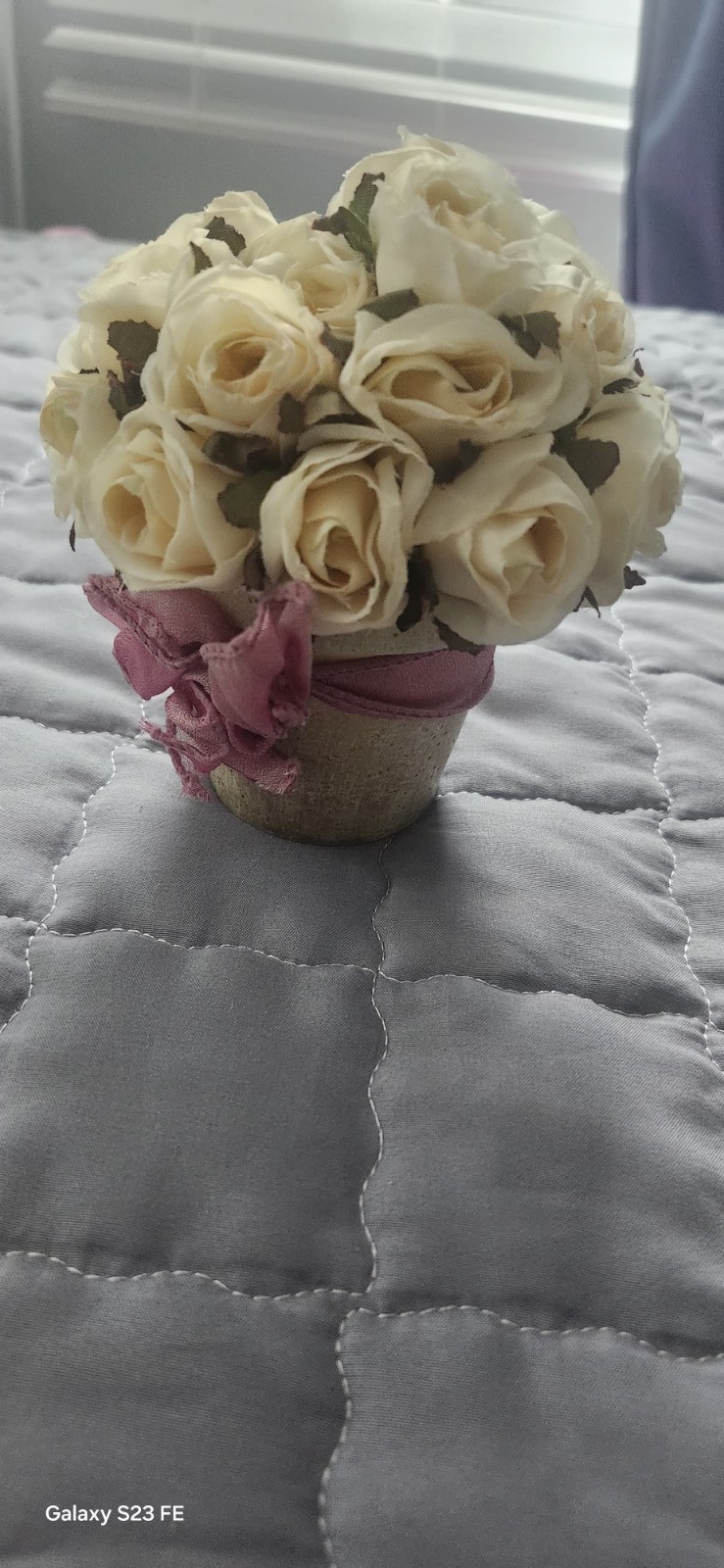 Artificial Cream Rose Arrangement in Pot with Pink Ribbon, Silk Flower Bouquet