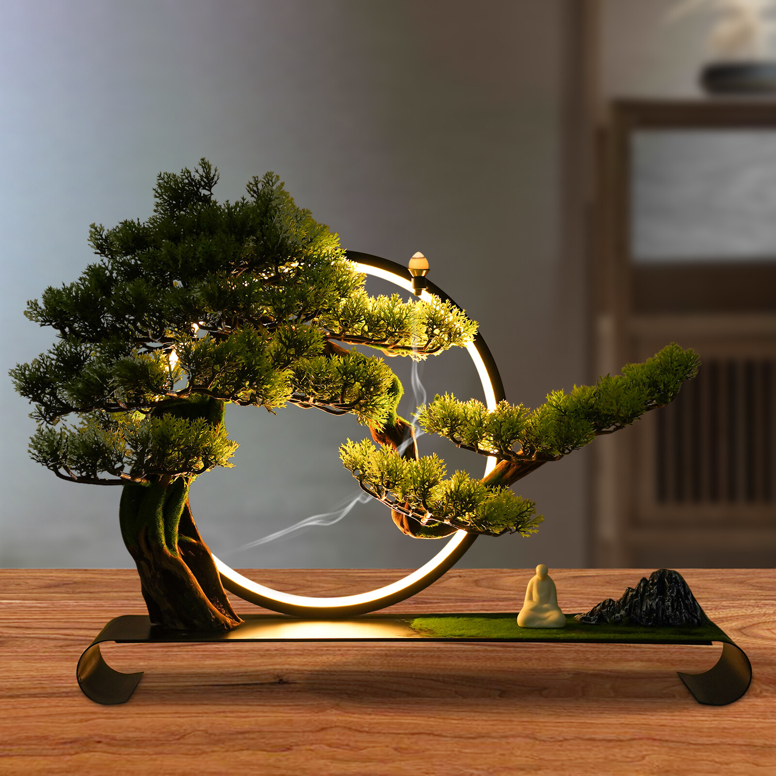 Zen Artificial Pine Tree with Lamp Rings Decoration for Backflow Incense 110V 8W