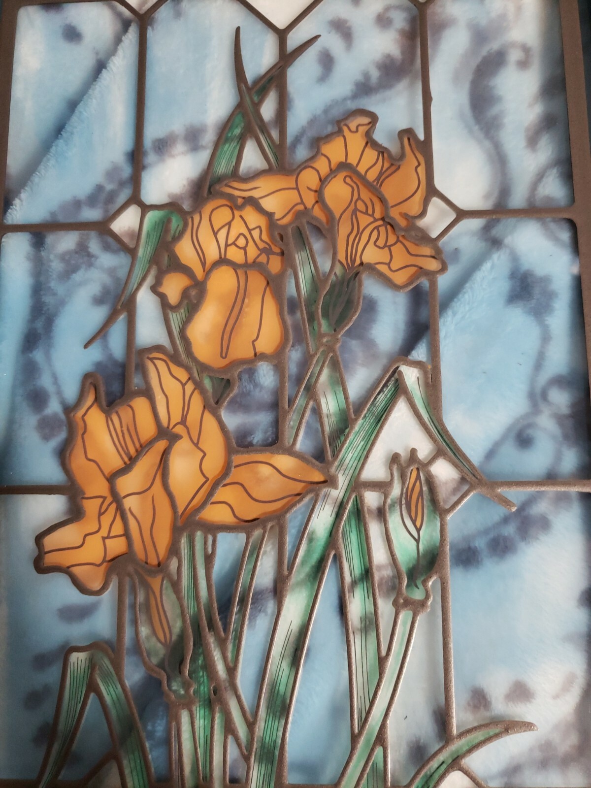 Peach Iris Blue Background Stained Glass Look 23″H x 11.5″W Framed