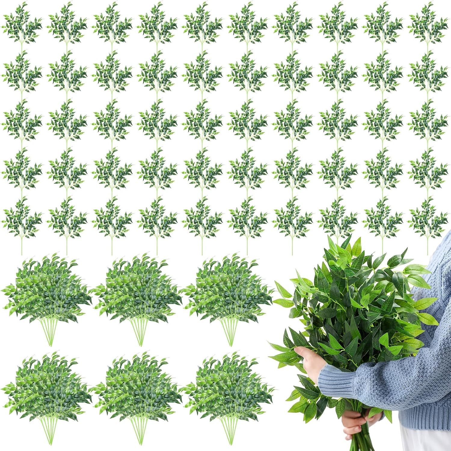 Xinnun 100Pcs Artificial Italian Ruscus Greenery Stems 26.8 Inch Fake