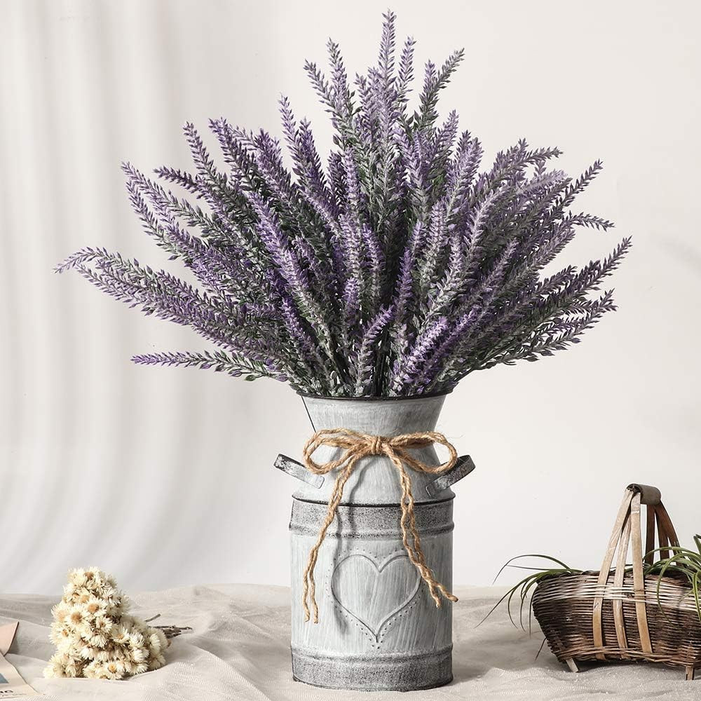 Rustic Artificial Lavender Flowers in Metal Vase for Farmhouse Decor