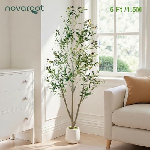 Olive Trees Artificial Indoor, 5FT Tall Faux Olive Tree with Moss and 5ft