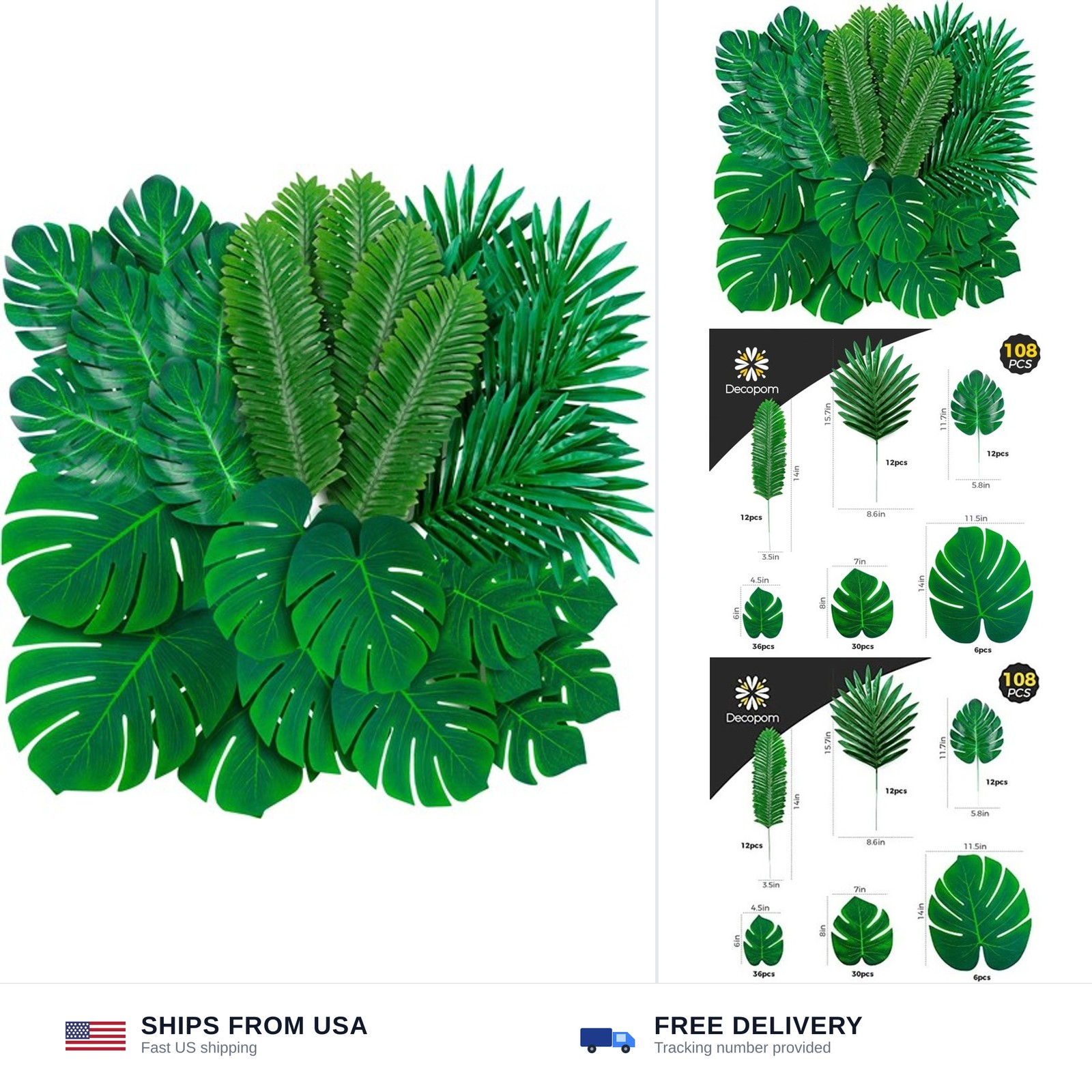 108 Pack Palm Leaves Artificial Tropical Monstera – 6 Kinds Large Small Green…