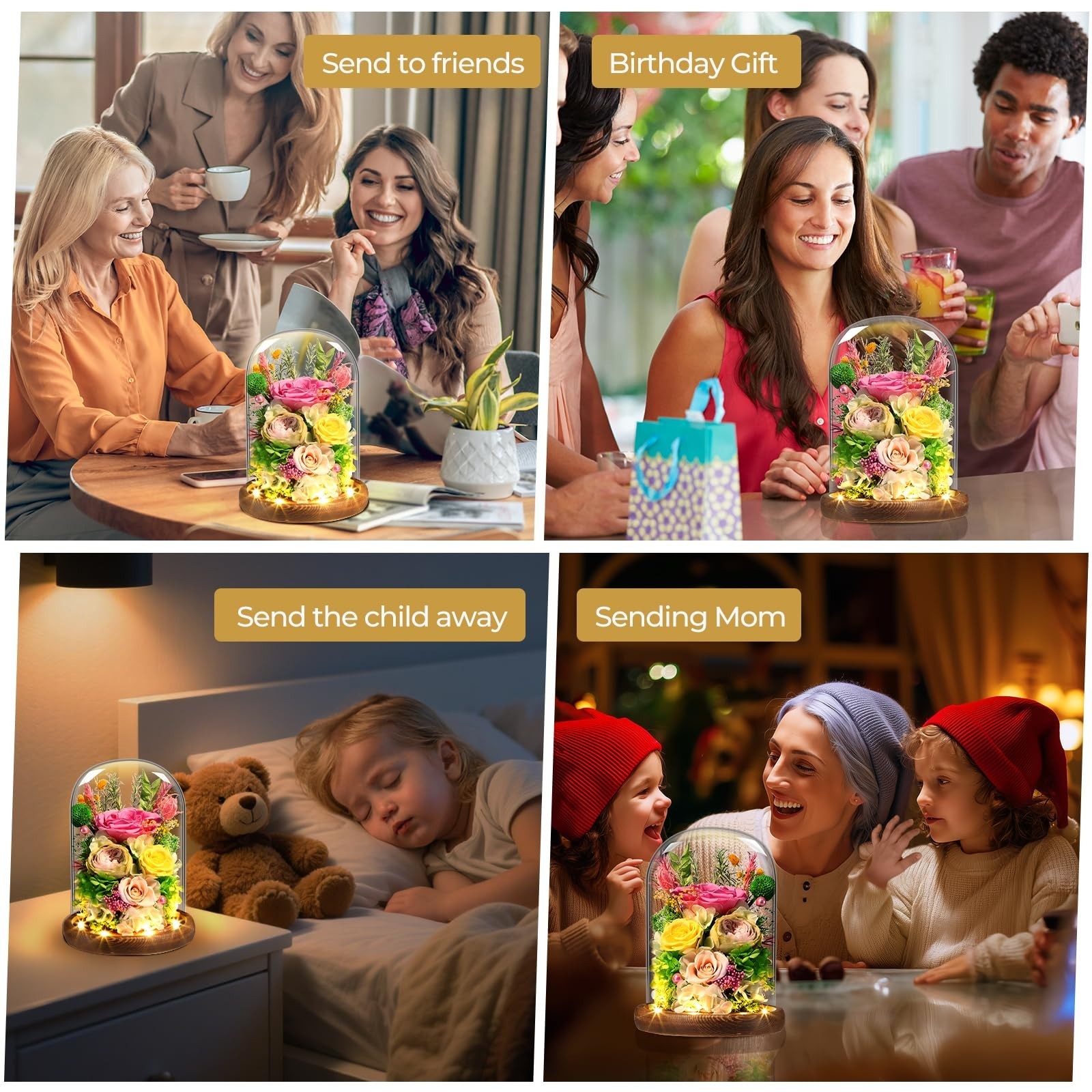Preserved Yellow & Pink Roses in Glass Dome with LED Light – Lasting Gifts for W