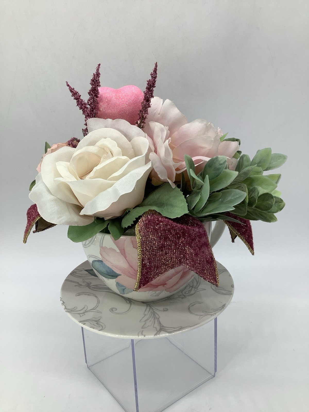 Handmade Valentines Day Pink Tea Cup Floral Arrangement