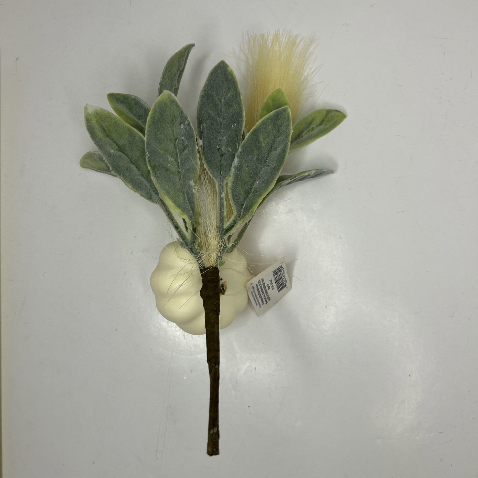 10 Artificial Fall Pumpkin Floral Pick W/Faux Lambs Ear & Feather Grass