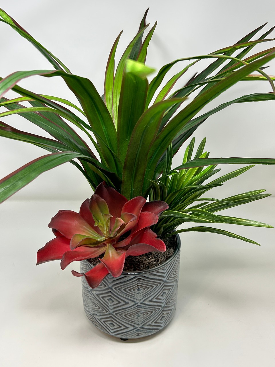 20″ Lg Faux Green-Red YUCCA Silk plant, Red Kalanchoe, Dracaena in Ceramic blue-