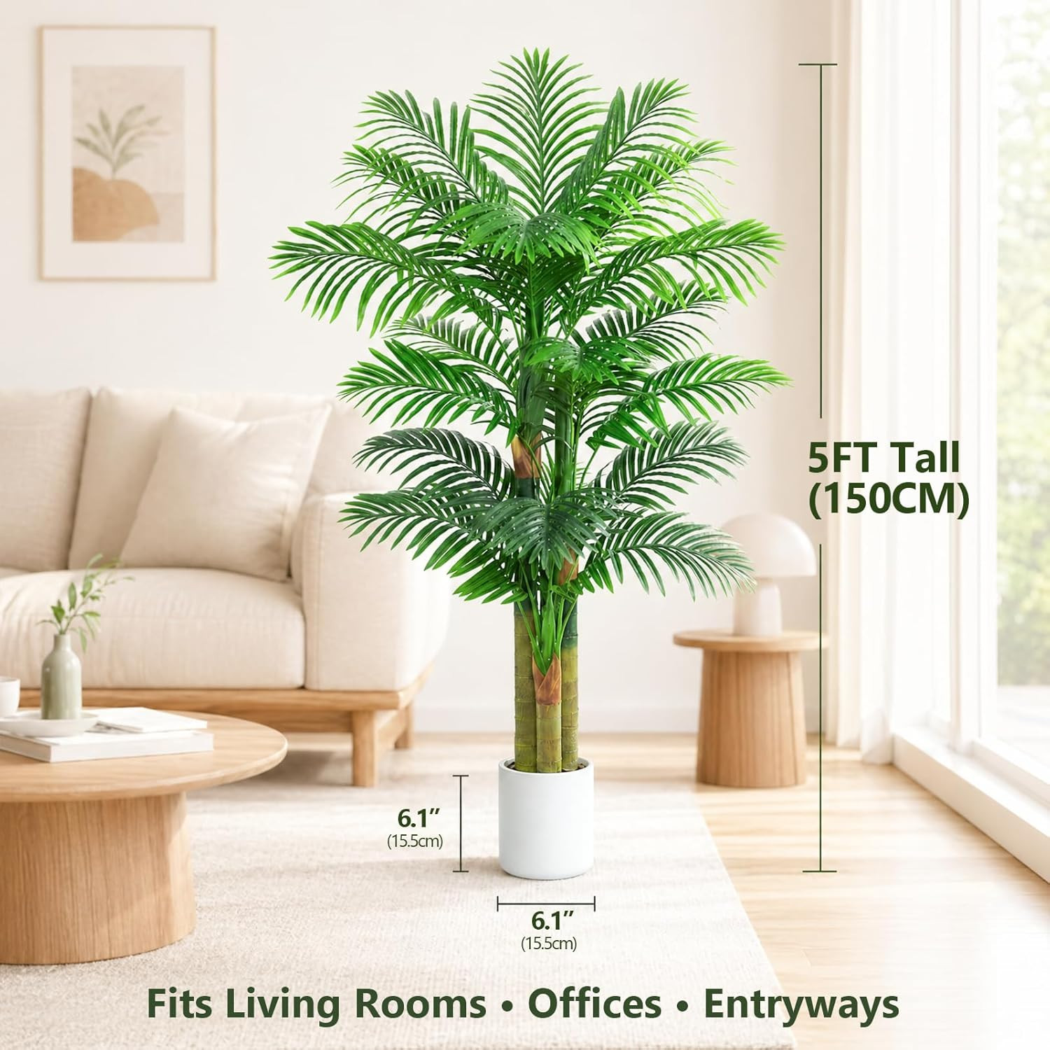 5FT Artificial Golden Cane Palm Tree, UV Resistant Faux Palm Plant with Realisti