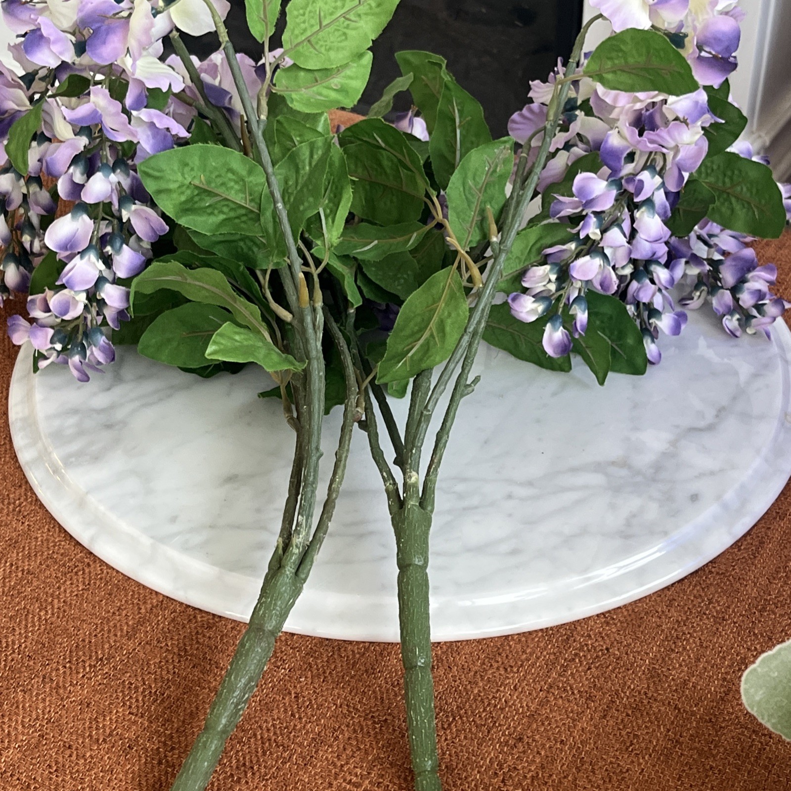 Flower Arrangement Cascading, Wisteria Purple in Cobalt Blue Glass Vase