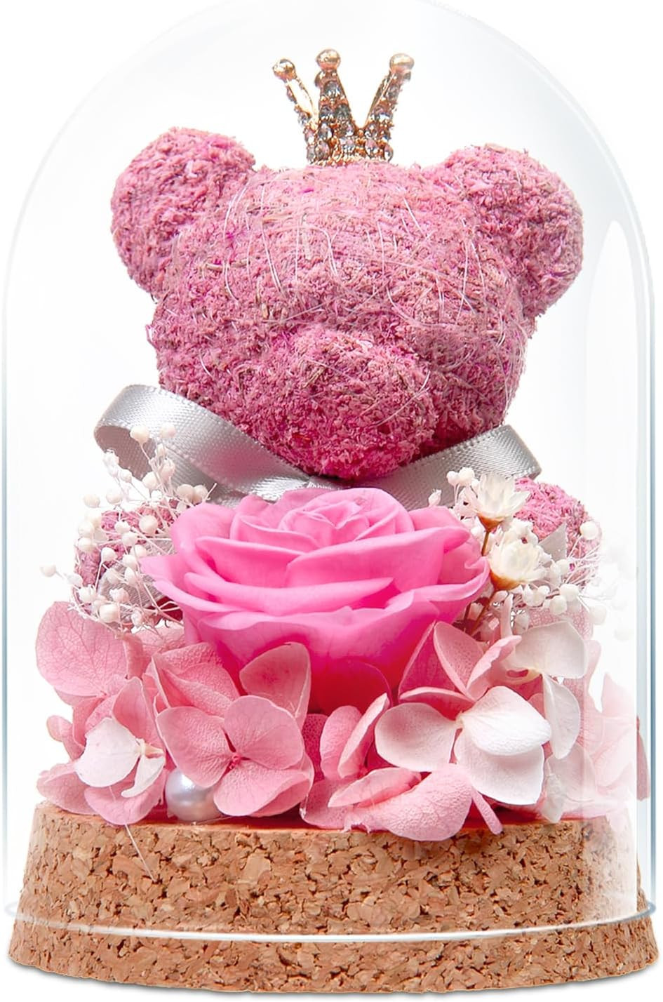 Real Forever Rose in Glass Dome with Bear Gift for Mom Wife Girlfriend Red