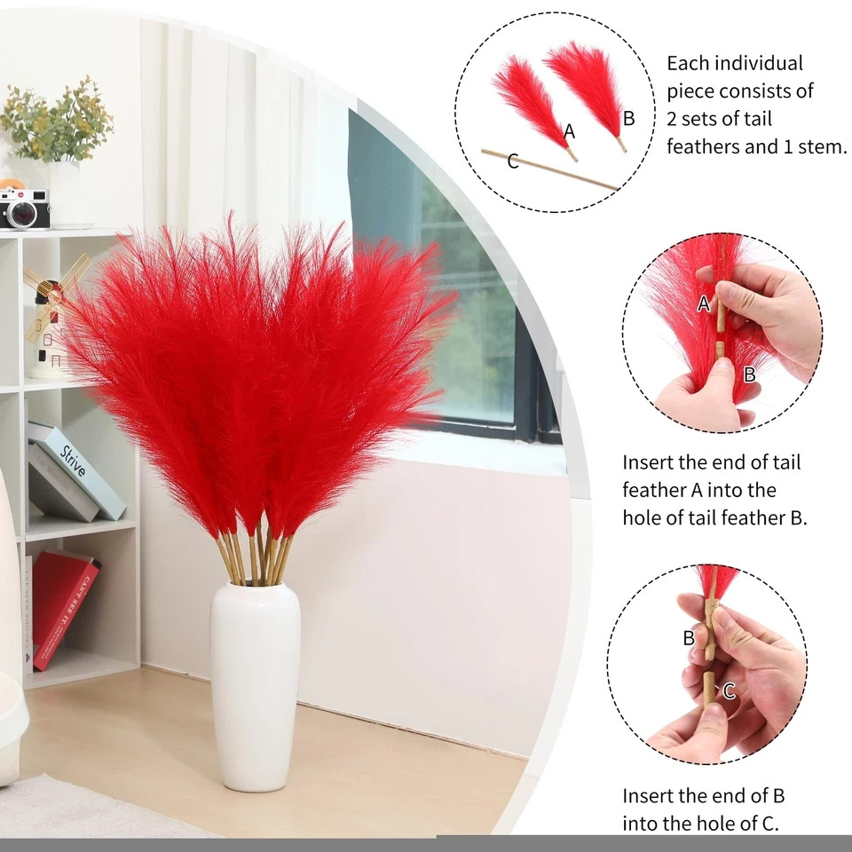 9 Stems Red Pampas Grass – 38 Inch Tall Fluffy Faux Pampas Grass Decor Long A…