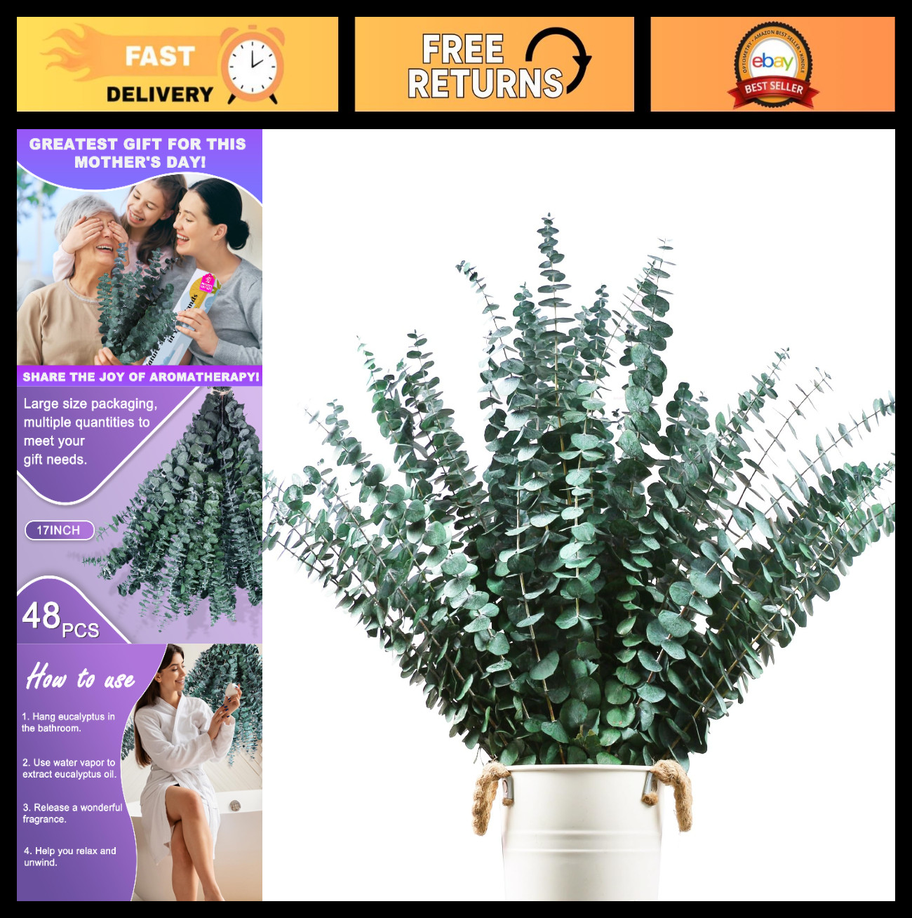 48 Pcs Large Dried Eucalyptus Stems – Natural Shower Hanging Branches, 17″ Prese